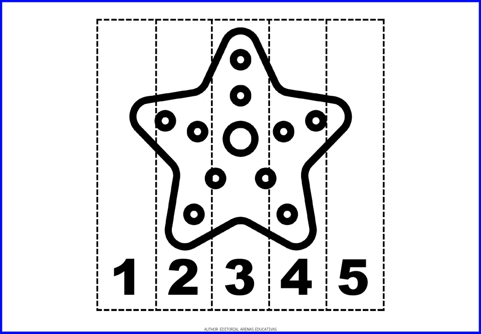 Starfish number puzzle: color the spotted starfish, cut it into five numbered strips and reassemble in 1 to 5 order