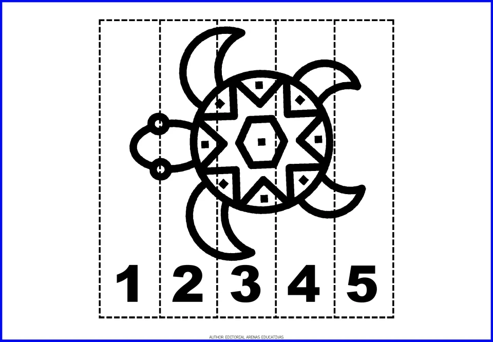 Sea turtle number puzzle: students color the patterned turtle, cut five strips and number-order them 1 to 5 to rebuild it