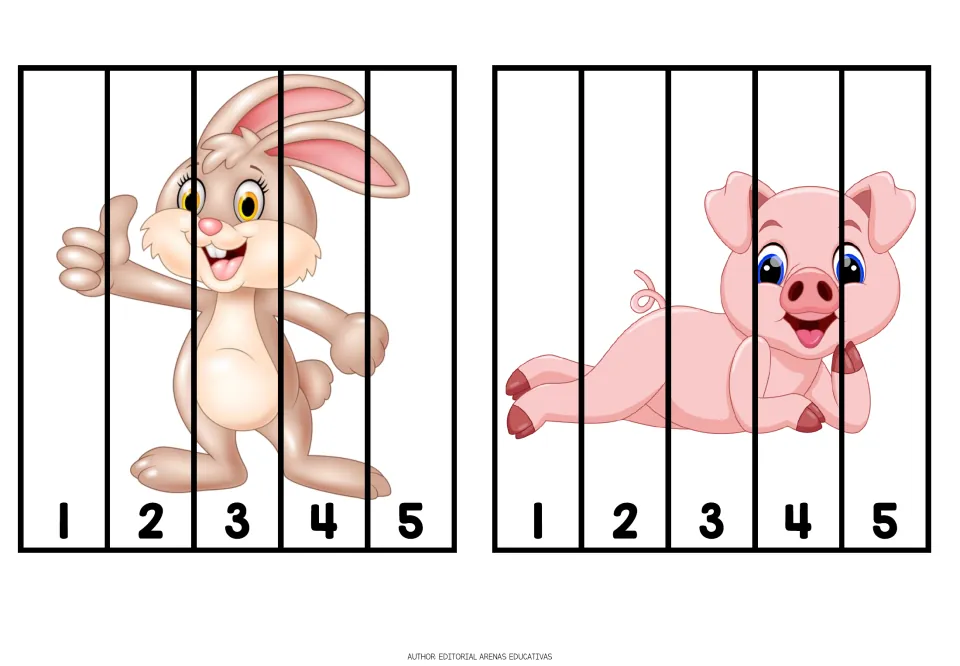 Animal cutting puzzles 1–2 of 10: a rabbit and a pig, each divided into five pieces numbered 1–5