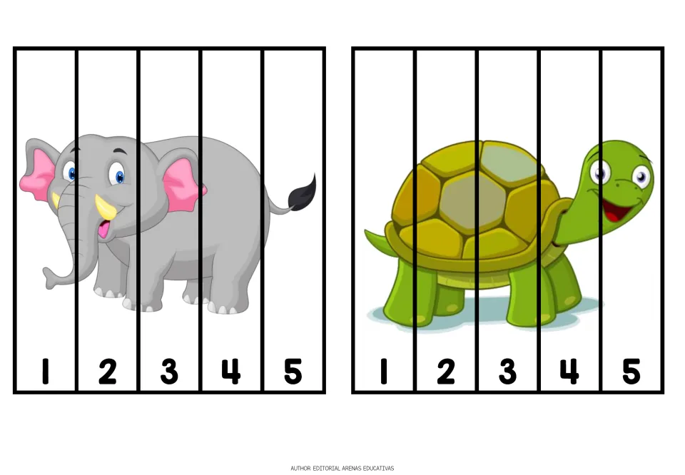 Animal cutting puzzles 3–4 of 10: an elephant and a turtle, each divided into five pieces numbered 1–5