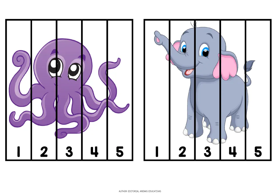 Animal cutting puzzles 5–6 of 10: an octopus and an elephant, each divided into five pieces numbered 1–5