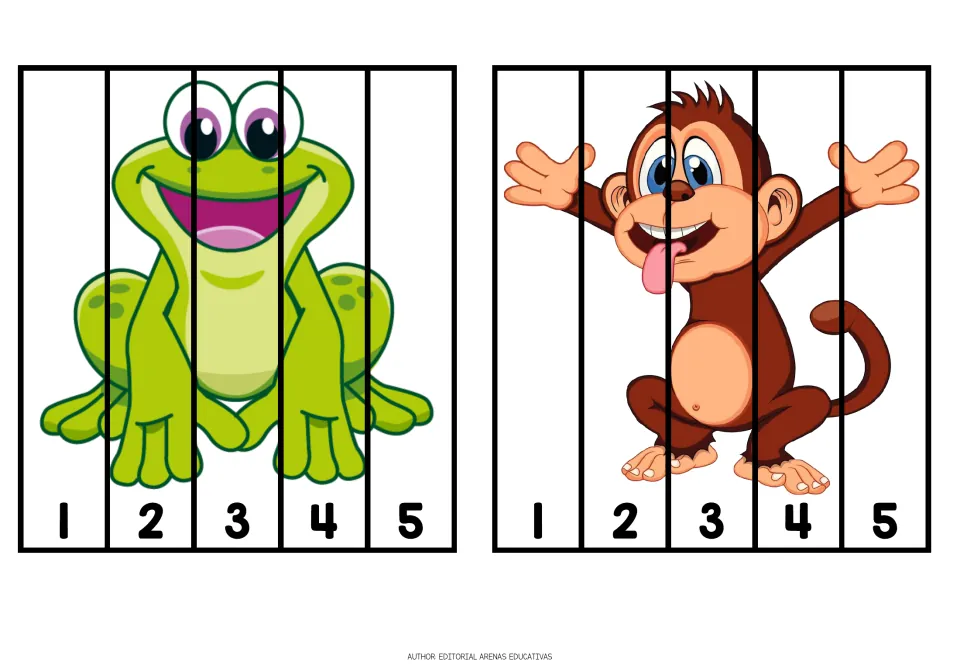 Animal cutting puzzles 7–8 of 10: a frog and a monkey, each divided into five pieces numbered 1–5