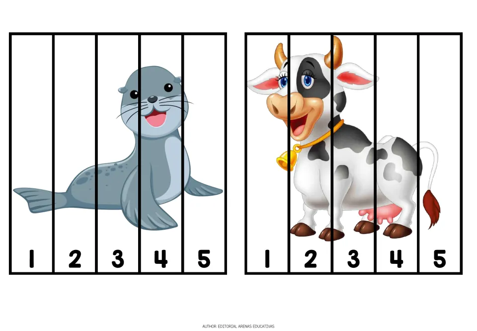Animal cutting puzzles 9–10 of 10: a seal and a cow, each divided into five pieces numbered 1–5