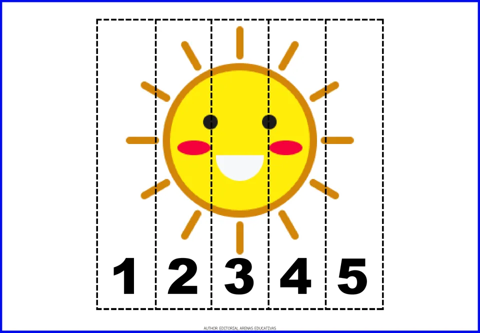 Number puzzle 1: a yellow sun with open eyes and a white smile, in five pieces numbered 1 through 5.