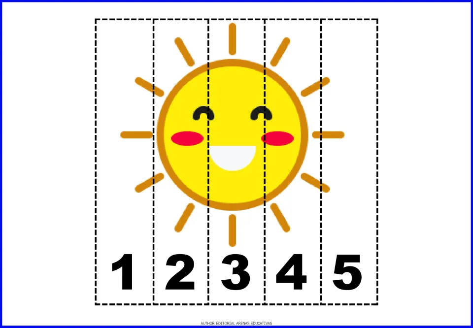 Number puzzle 2: a yellow sun with closed eyes and a white smile, in five pieces numbered 1 through 5.