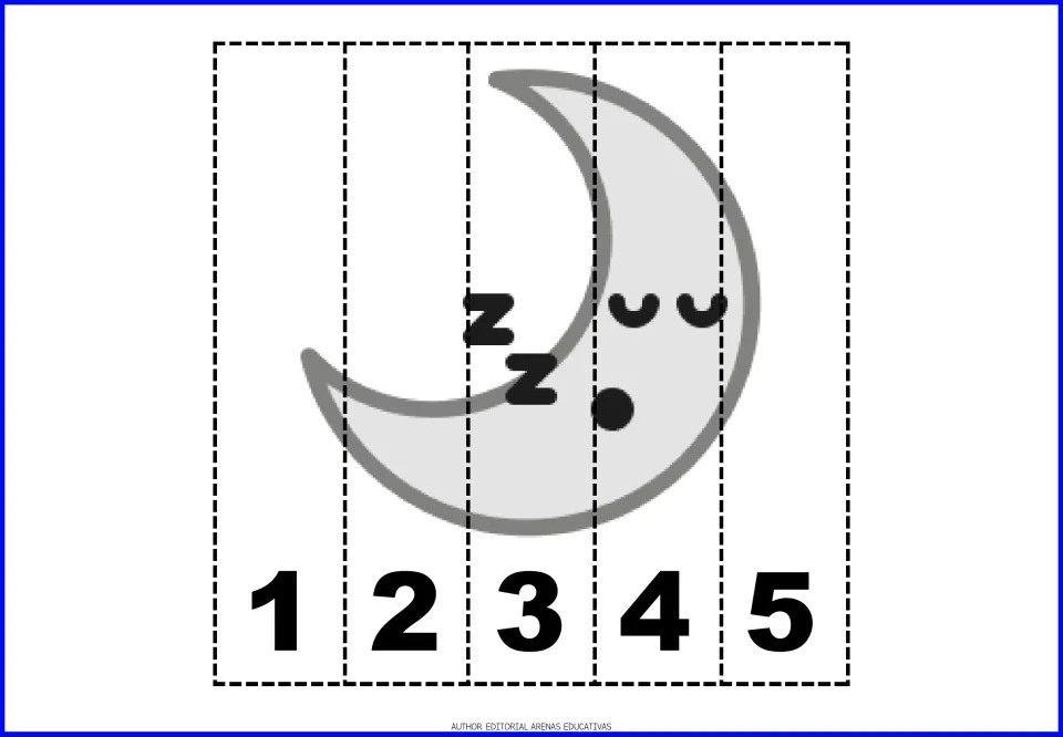 Number puzzle 3: a gray crescent moon with closed eyes and two Zs, in five pieces numbered 1 through 5.