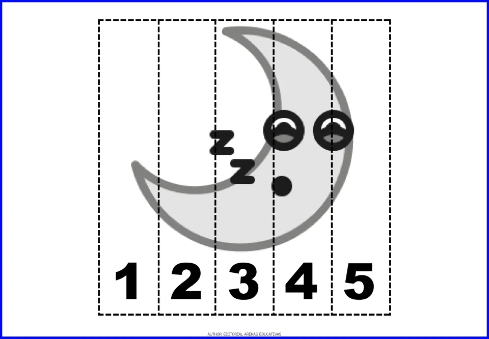 Number puzzle 4: a gray crescent moon with large round eyes and two Zs, in five pieces numbered 1 through 5.