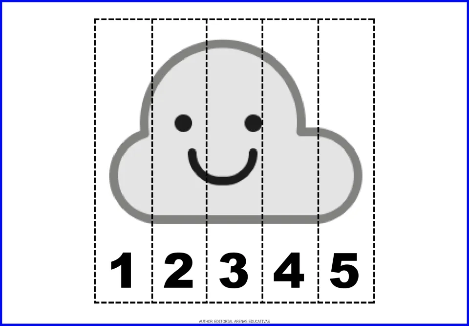 Number puzzle 5: a gray cloud with round eyes and a curved smile, in five pieces numbered 1 through 5.