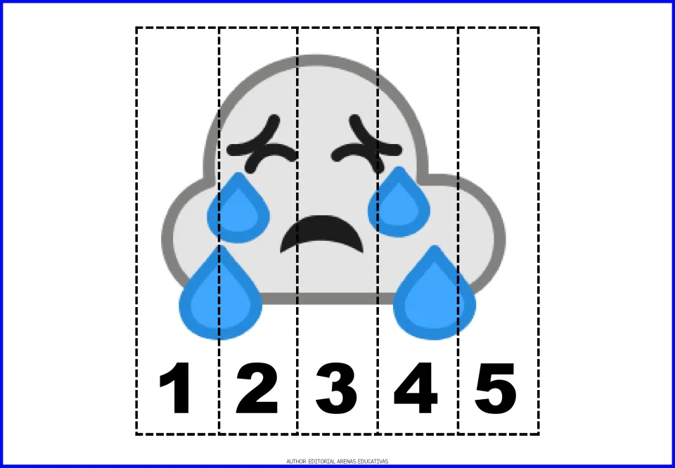 Number puzzle 6: a crying gray cloud with four blue raindrops, in five pieces numbered 1 through 5.