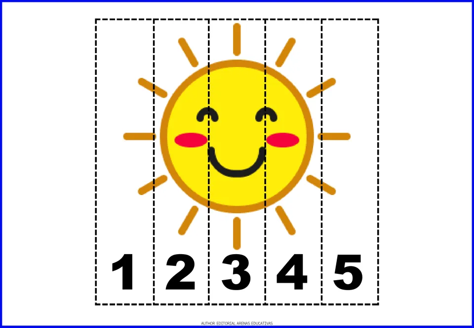 Number puzzle 7: a yellow sun with closed eyes and a curved black smile, in pieces numbered 1 through 5.