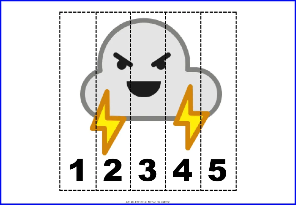 Number puzzle 8: a gray storm cloud with two yellow lightning bolts, in five pieces numbered 1 through 5.