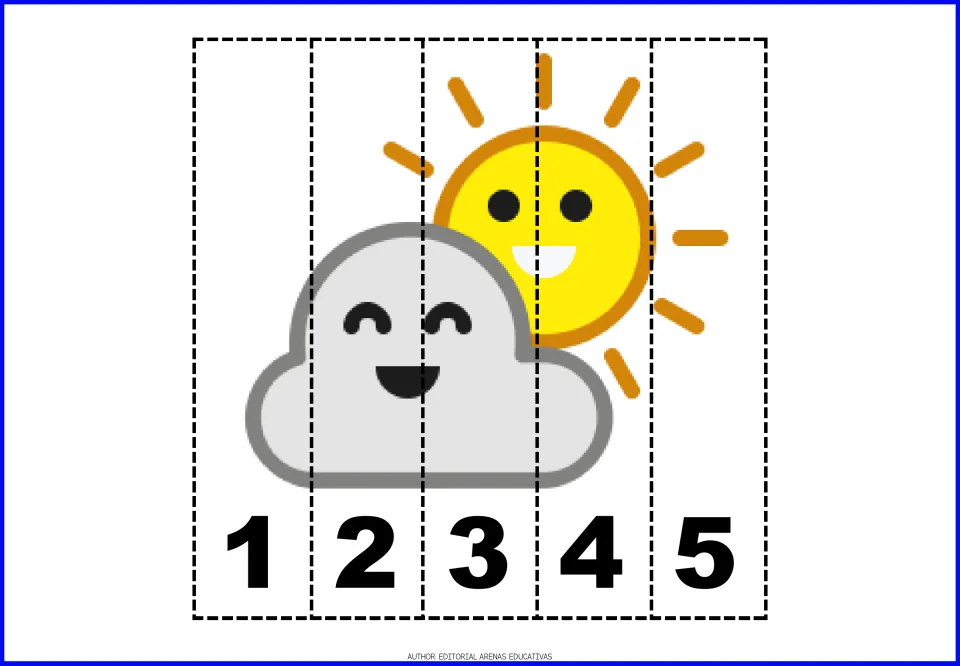 Number puzzle 9: a smiling gray cloud in front of a yellow sun, in five pieces numbered 1 through 5.