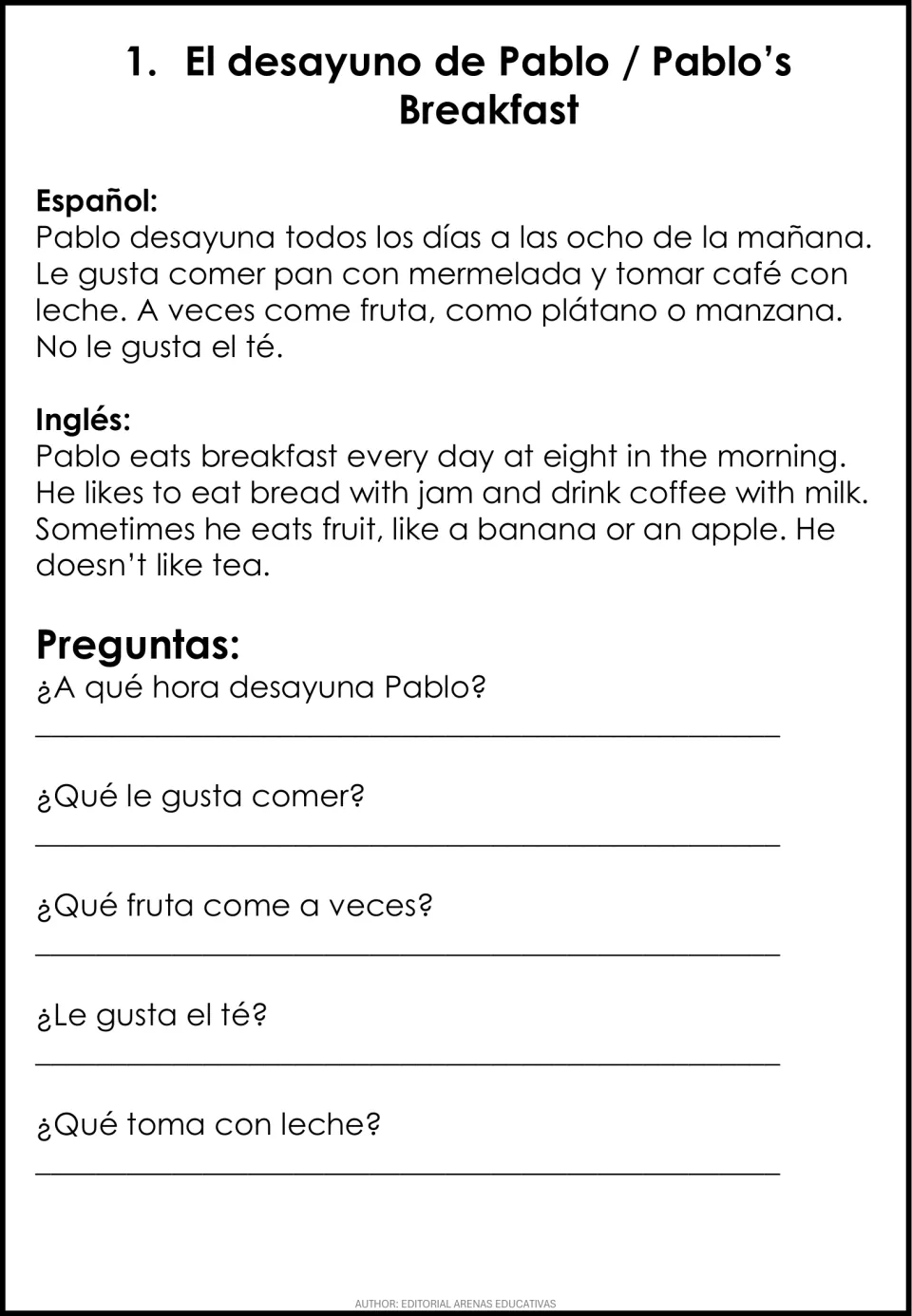 El desayuno de Pablo: students read a Spanish-English breakfast text, then answer 5 Spanish comprehension questions