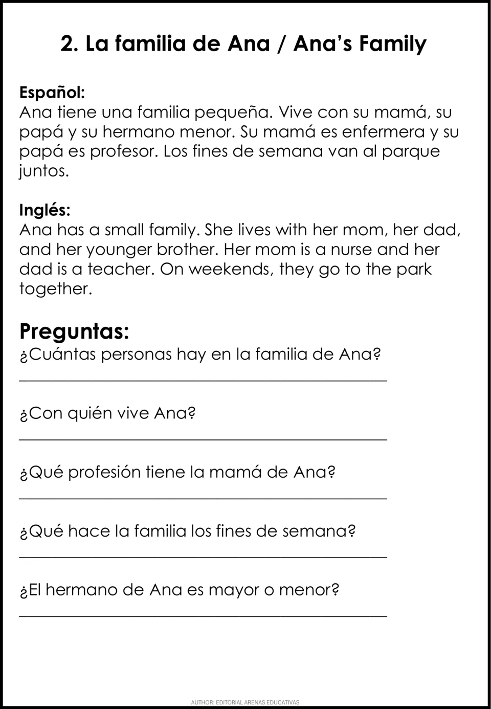 La familia de Ana: bilingual text about Ana's parents' jobs and brother, followed by 5 Spanish questions to answer