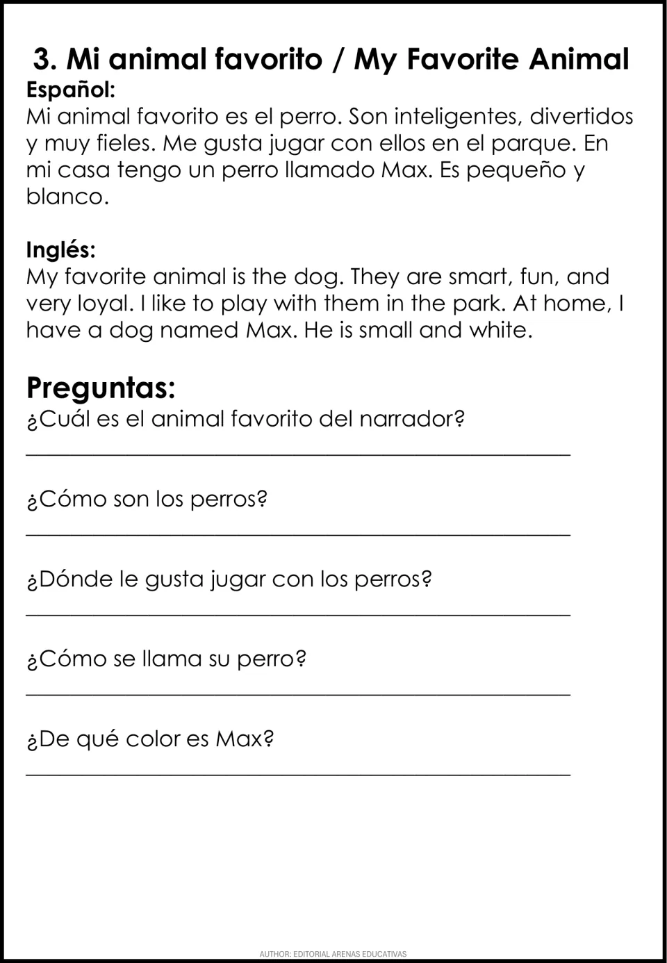 Mi animal favorito: students read about a dog named Max in Spanish and English, then answer 5 questions in Spanish