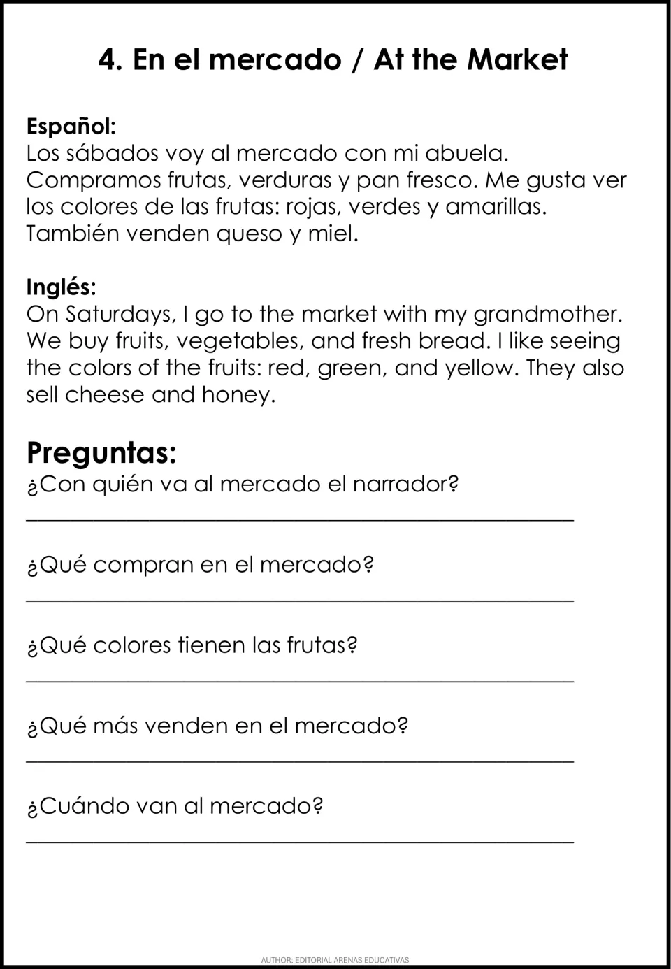 En el mercado: a Saturday market trip with grandmother in Spanish and English, with 5 comprehension questions below