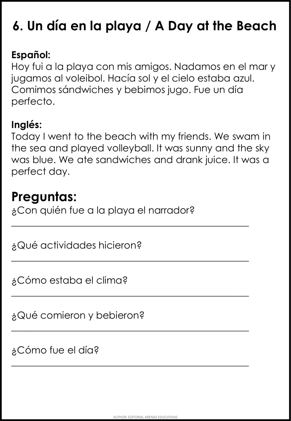 Un día en la playa: past-tense beach day text in Spanish and English, then 5 questions on activities, weather and food