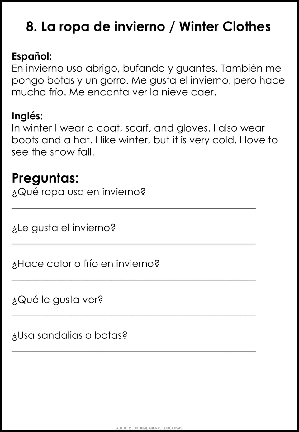 La ropa de invierno: Spanish-English text naming coat, scarf, gloves, boots and hat, with 5 questions to answer