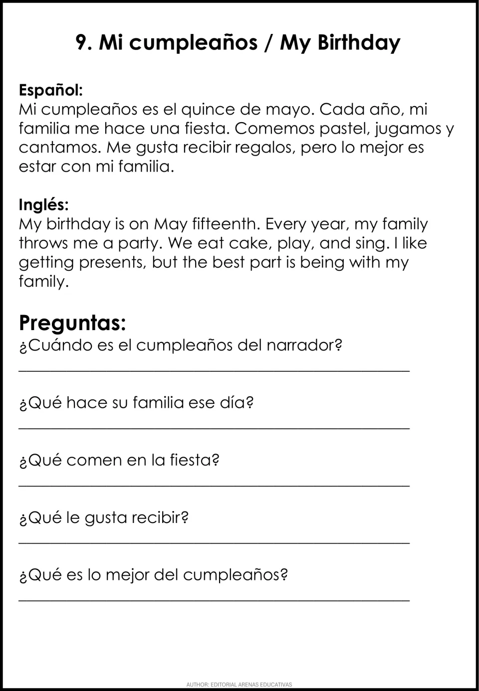 Mi cumpleaños: bilingual text about a May 15 birthday party, followed by 5 Spanish comprehension questions to answer