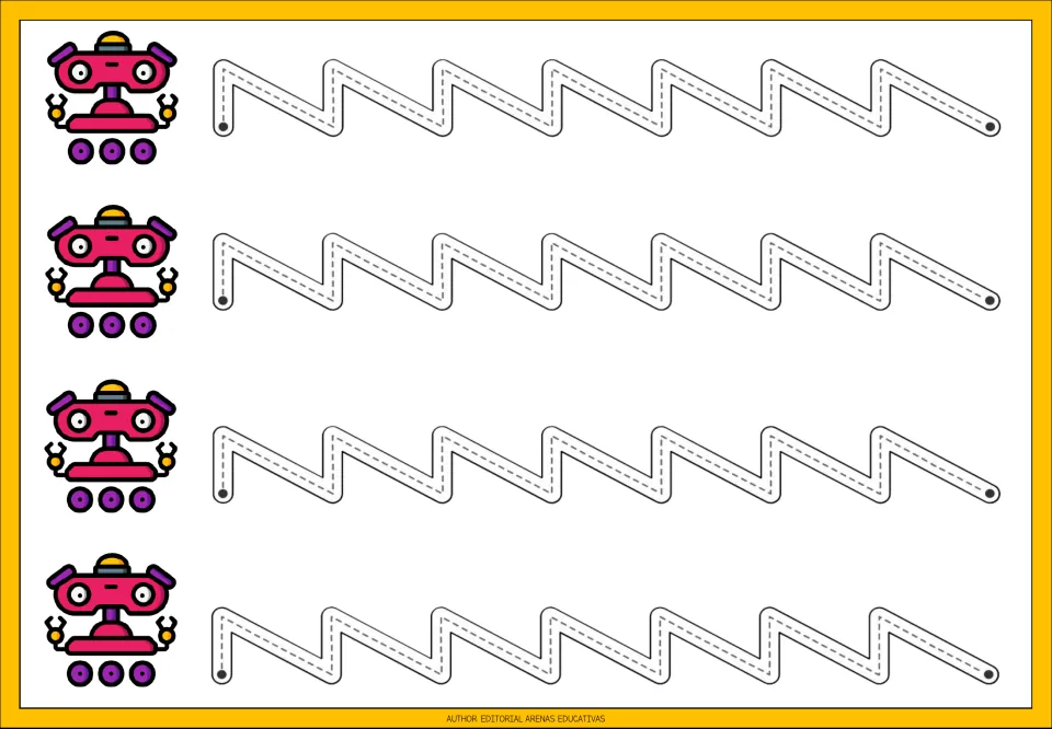 Square zigzag tracing: students follow four dotted paths of sharp up-and-down steps from dot to dot, beside a pink robot