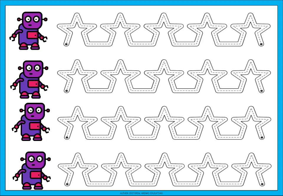 Star path tracing: students trace four rows of five linked star outlines along dotted guides, with a purple robot by each
