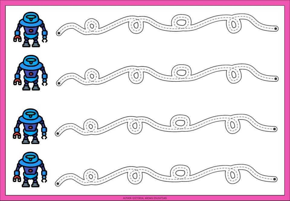 Loop-the-loop tracing: students follow four gently waving dotted paths that curl into small loops, with blue robot icons