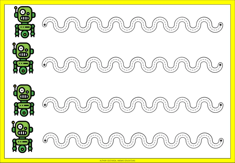Wavy path tracing: students trace four rows of smooth, even dotted waves from left dot to right dot beside green robots