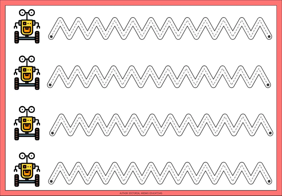 Tight zigzag tracing: students trace four rows of small, close pointed peaks along dotted guides, next to yellow robots