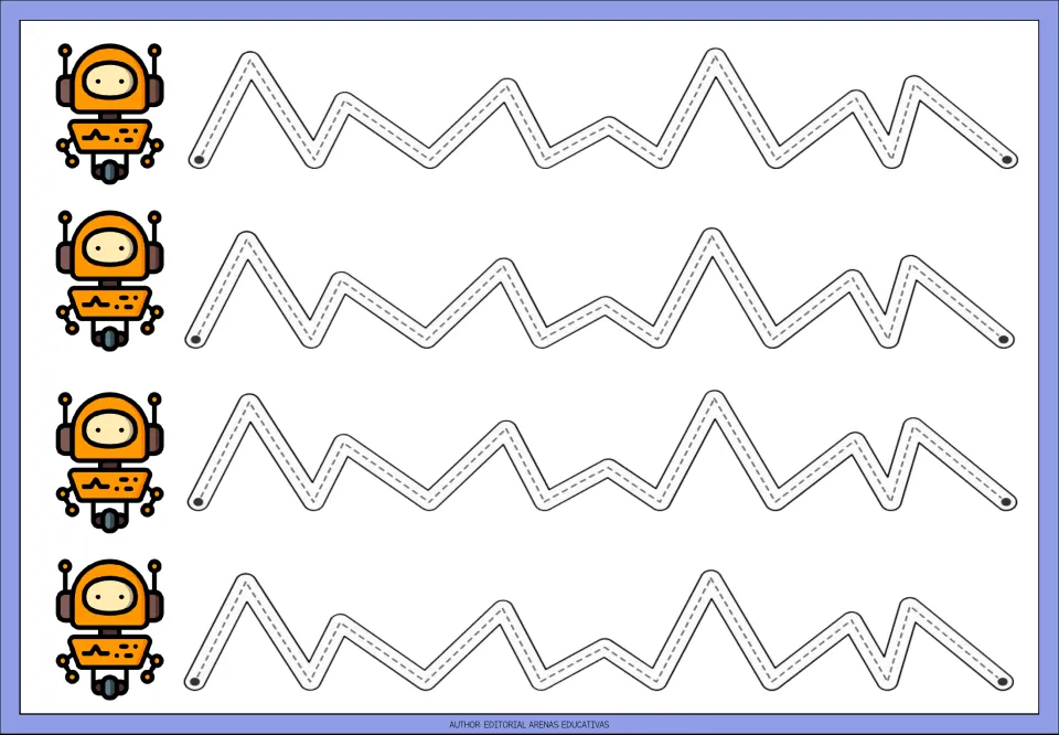 Uneven zigzag tracing: students follow four dotted paths of tall and short mixed peaks from dot to dot by orange robots