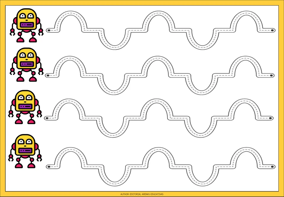 Hill and valley tracing: students trace four dotted paths of wide arches up and dips down, beside yellow and pink robots