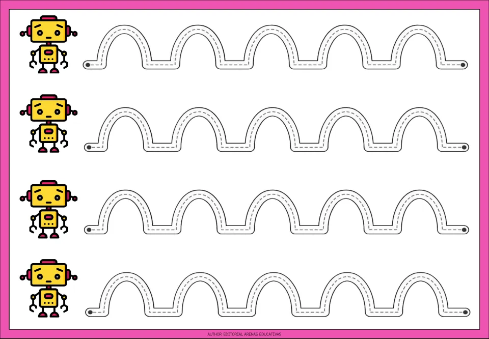 Arch tracing: students trace four rows of five rounded humps joined by short flat steps along dotted guides near robots