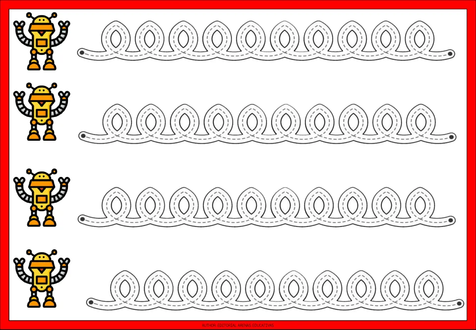 Looping chain tracing: students follow four dotted paths of ten overlapping teardrop loops each, next to orange robots