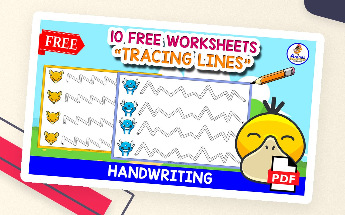 Blue 10 Free Worksheets Tracing Lines cover with sample zigzag tracing paths, character pictures, a pencil, and an emoji.