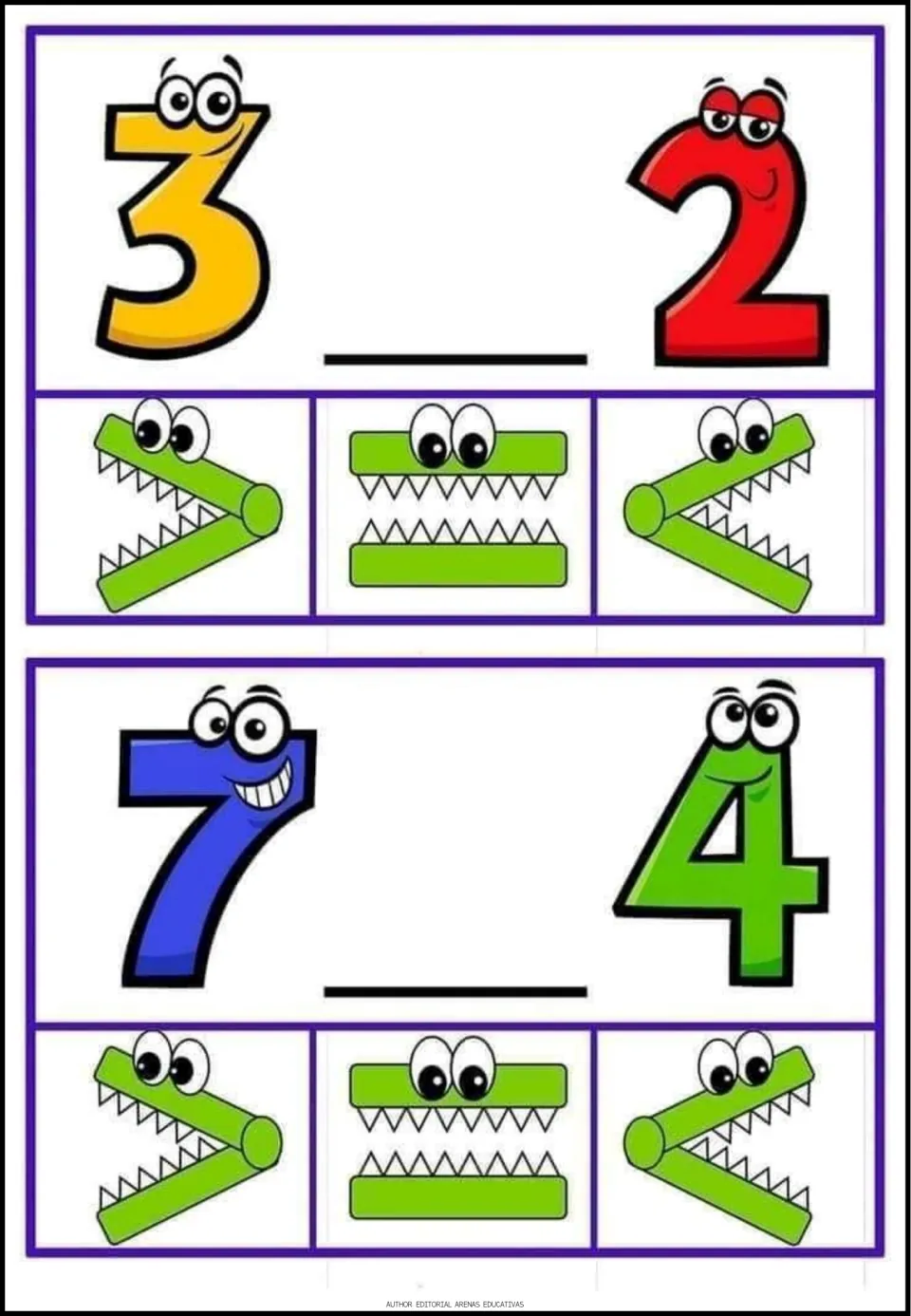 Comparing 3 and 2, then 7 and 4: students write a crocodile greater than, equal or less than sign in each blank