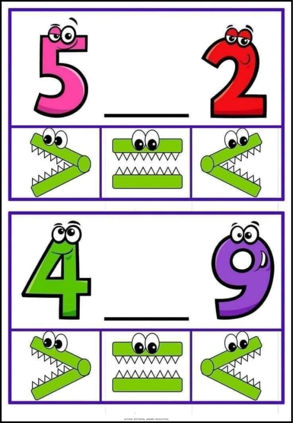 Comparing 5 with 2 and 4 with 9: students choose the greater than, equal to or less than crocodile symbol for each blank