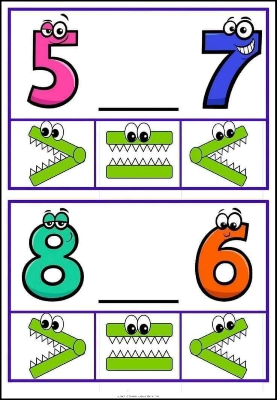 Number comparison of 5 and 7, then 8 and 6: students decide which crocodile sign, >, = or <, goes on each blank