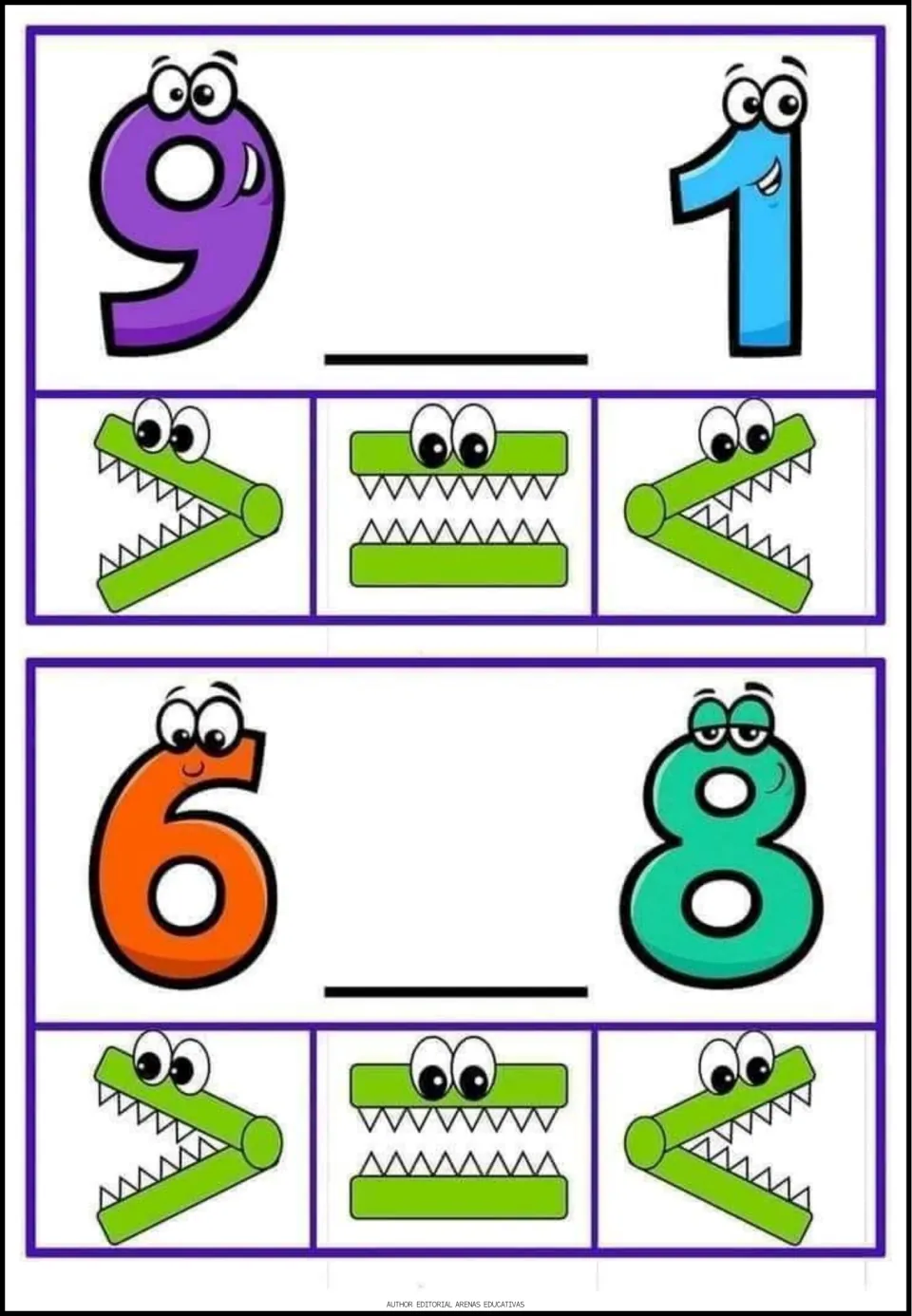 Comparing 9 and 1, and 6 and 8: students fill each blank with the greater than, equal or less than crocodile symbol