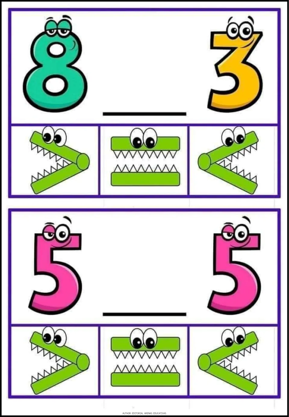 Comparing 8 with 3 and 5 with 5: students pick the crocodile sign for each blank, including the equal sign for matching 5s