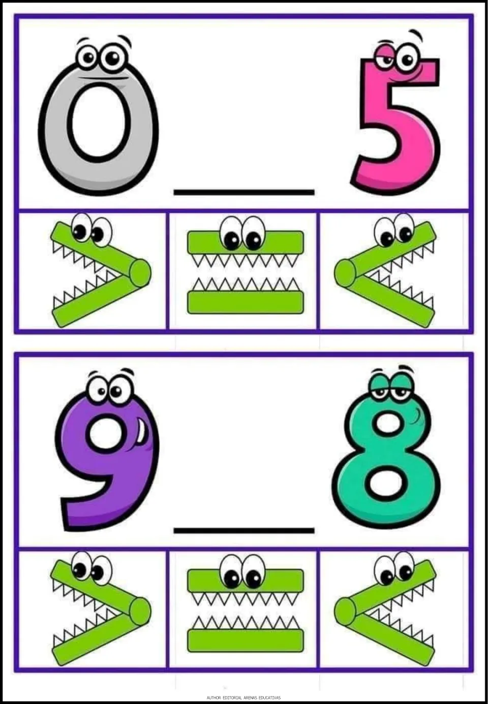 Comparing zero with 5 and 9 with 8: students choose greater than, equal or less than crocodile signs to complete each pair