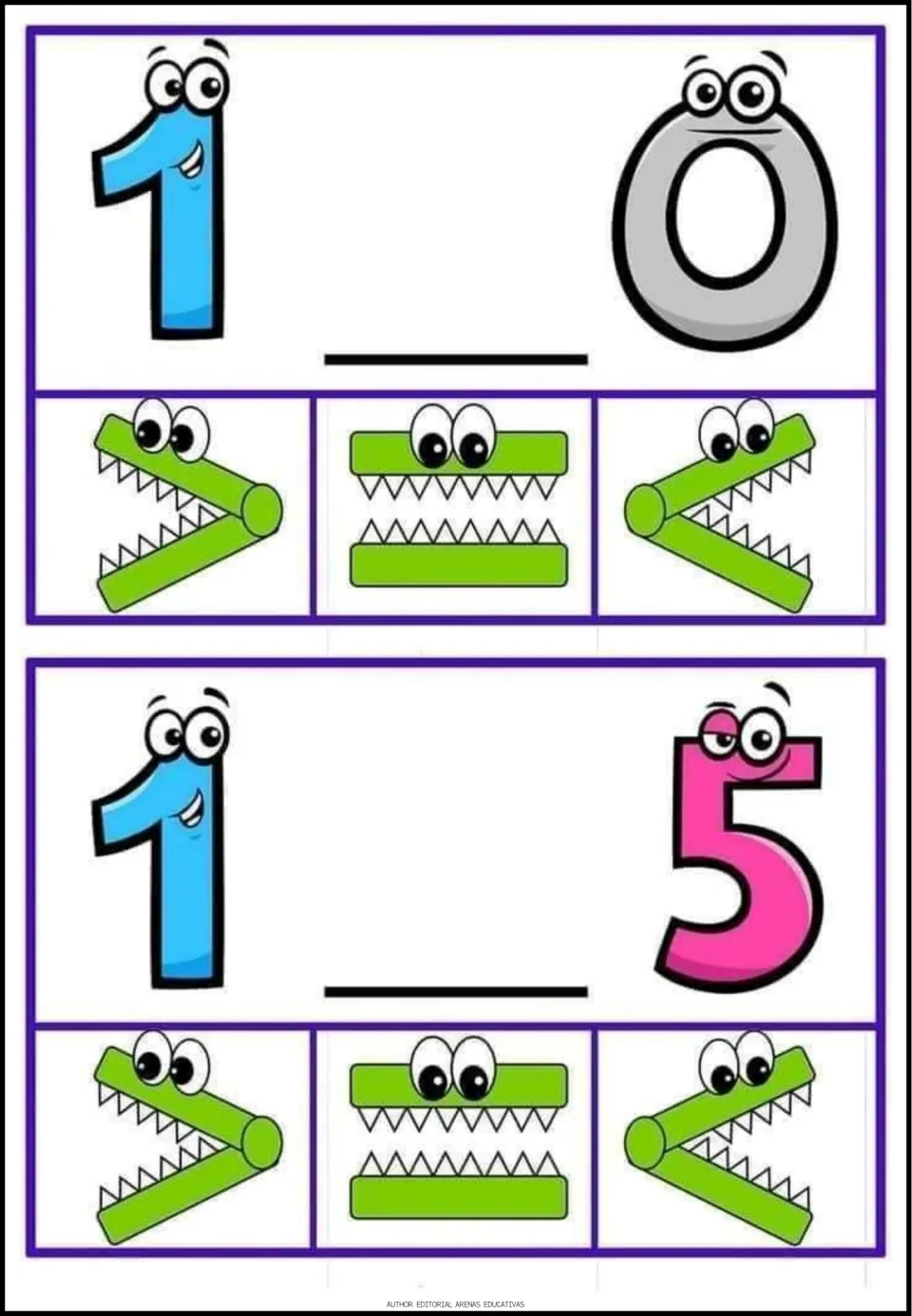 Comparing 1 and 0, then 1 and 5: students place the crocodile greater than, equal or less than symbol on each blank