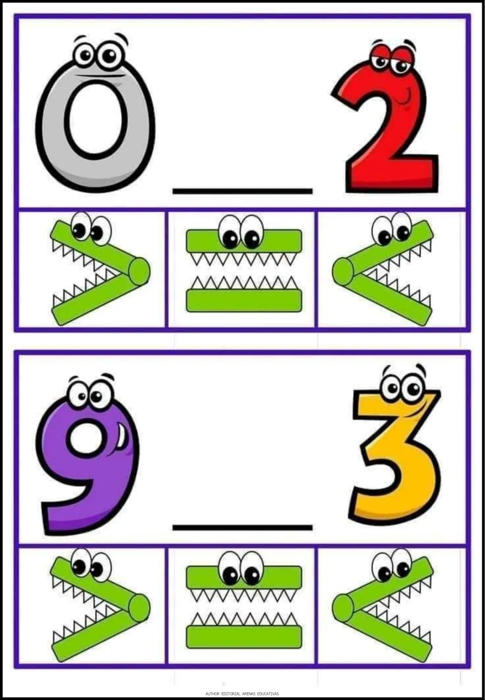 Comparing 0 with 2 and 9 with 3: students select which crocodile mouth, greater than, equal or less than, fits each blank