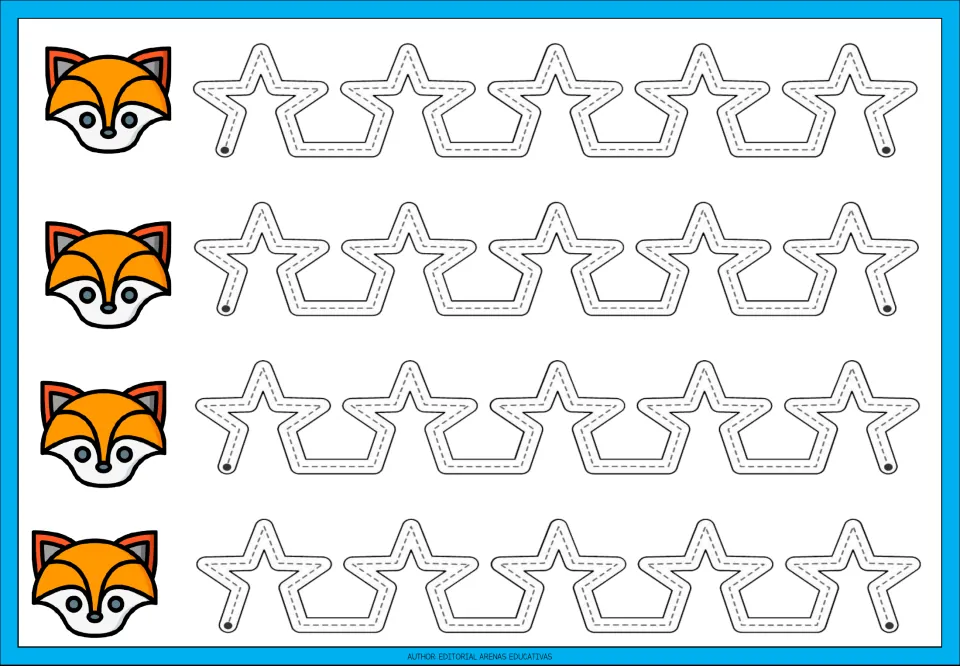 Tracing practice sheet 2: four repeated paths of connected star-shaped peaks for practicing changes in direction