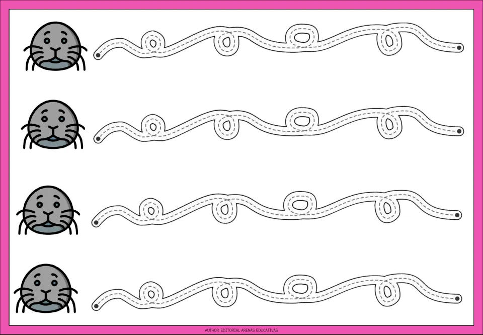 Tracing practice sheet 3: four repeated winding paths combining gentle curves with upward and downward loops