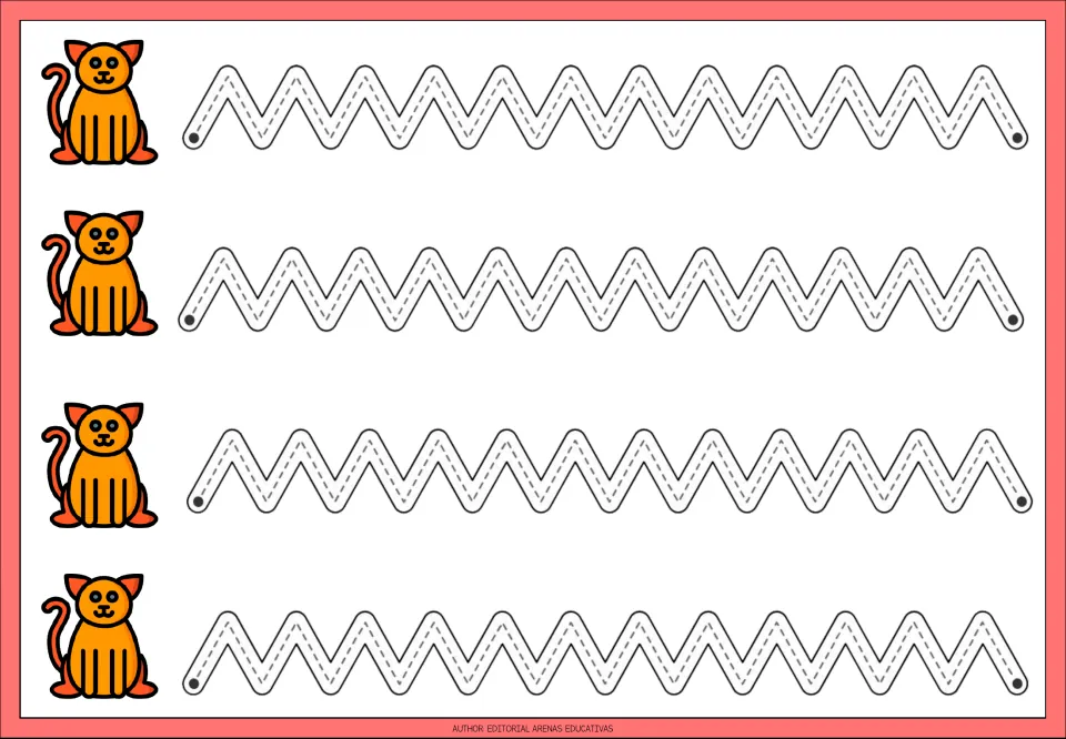 Tracing practice sheet 5: four repeated zigzag paths made of alternating diagonal strokes and pointed turns