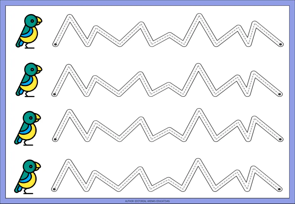 Tracing practice sheet 6: four repeated irregular zigzag paths featuring tall and short peaks at varied angles