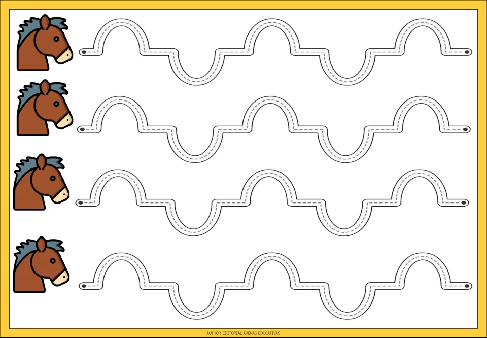 Tracing practice sheet 7: four repeated paths alternating upward arches and downward curves with flat joins