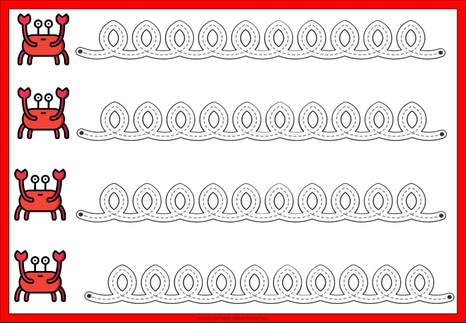 Tracing practice sheet 9: four repeated paths of connected upright loops that cross over near their bases