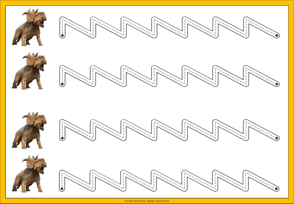 Dinosaur tracing practice sheet 1: four repeated sawtooth paths combining vertical strokes and diagonal slopes