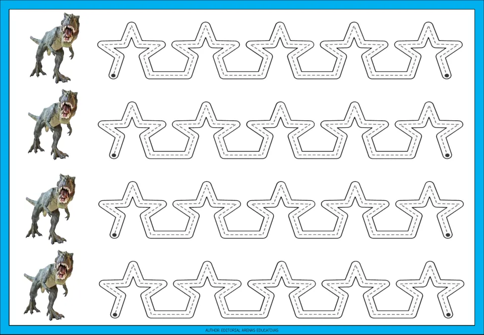 Dinosaur tracing practice sheet 2: four repeated paths that connect star-shaped peaks with flat-bottomed dips