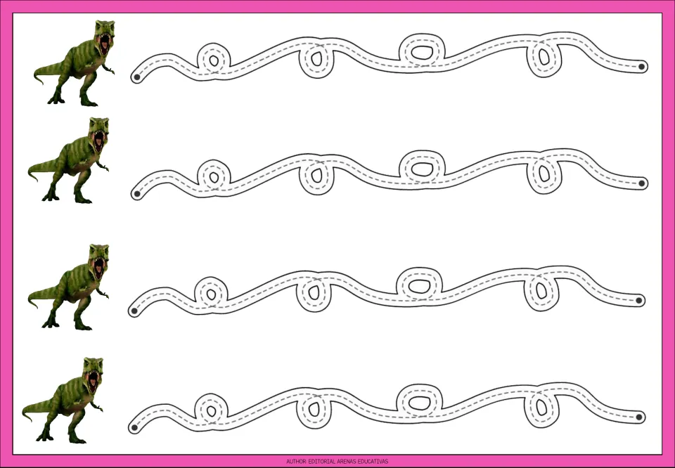 Dinosaur tracing practice sheet 3: four repeated wavy paths featuring small loops above and below the curves